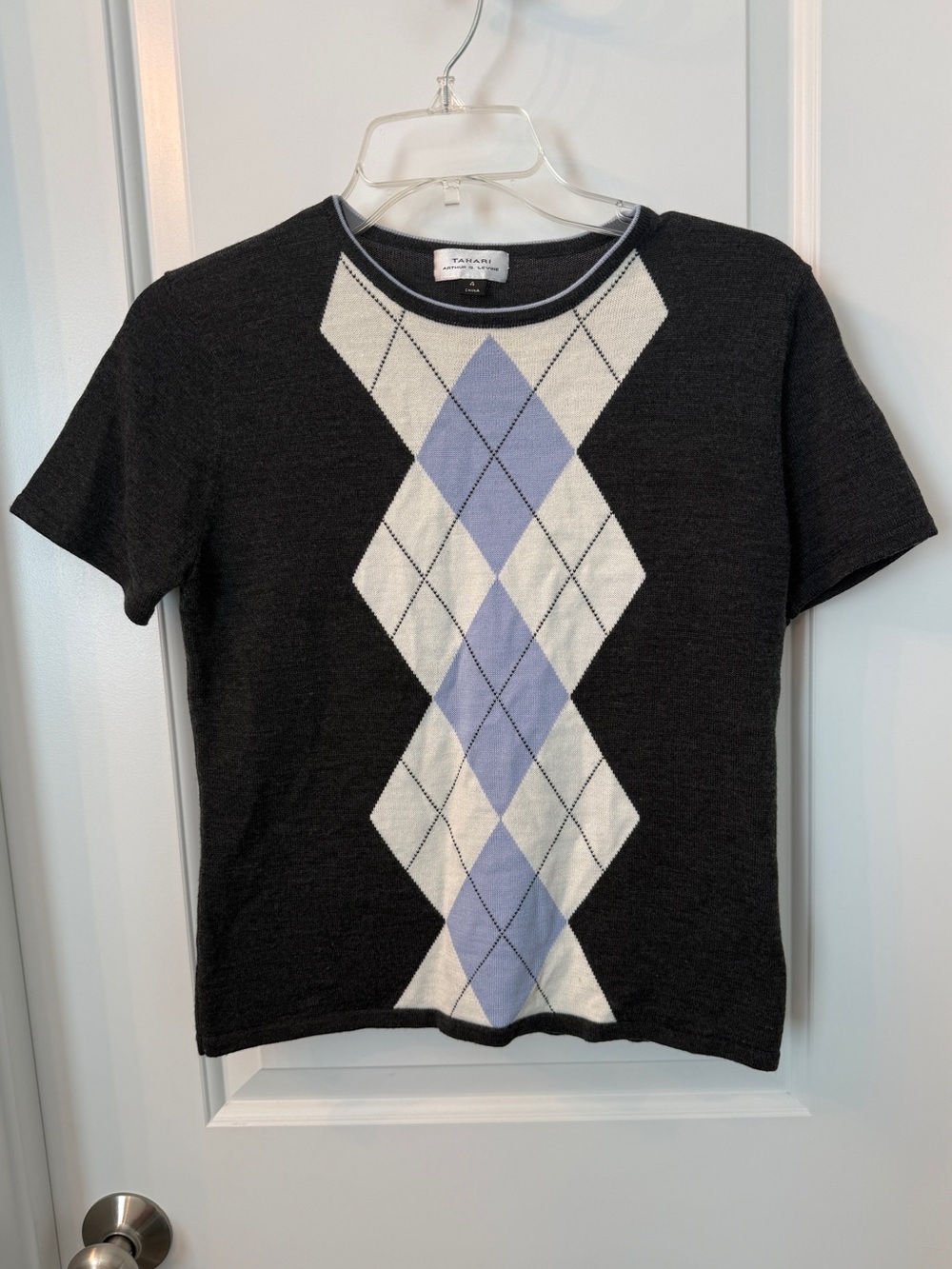 Tahari Dark Gray Short-Sleeve Argyle Knit Top with Light Blue & Cream Diamonds